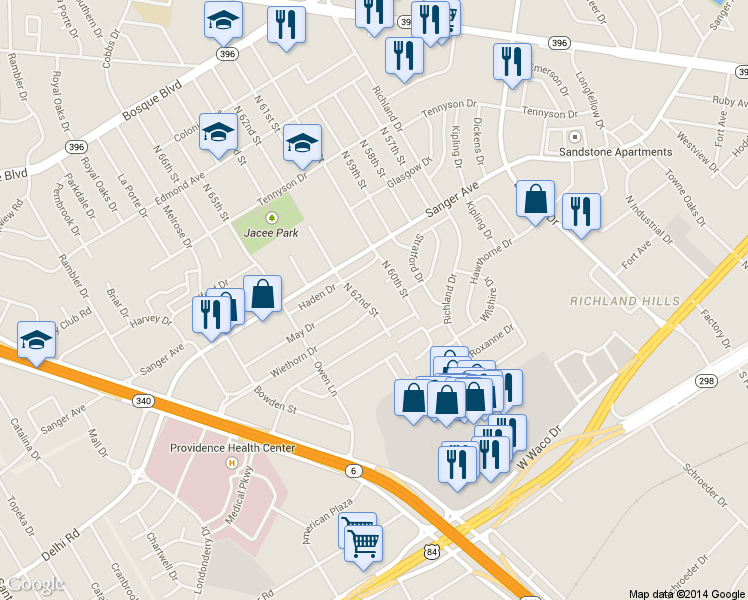 map of restaurants, bars, coffee shops, grocery stores, and more near 531 N 62nd St in Waco