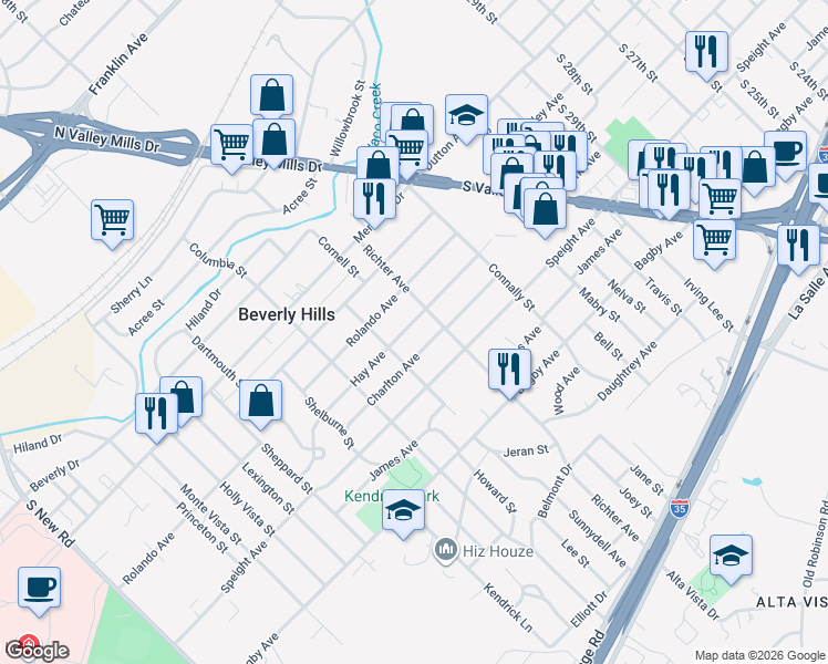 map of restaurants, bars, coffee shops, grocery stores, and more near 3616 Hay Avenue in Waco