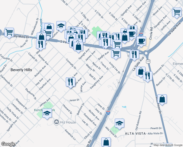 map of restaurants, bars, coffee shops, grocery stores, and more near 1812 Bell Street in Waco