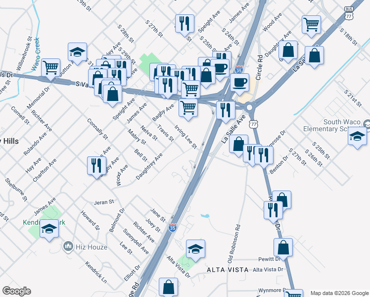 map of restaurants, bars, coffee shops, grocery stores, and more near 3104 Belmont Drive in Waco