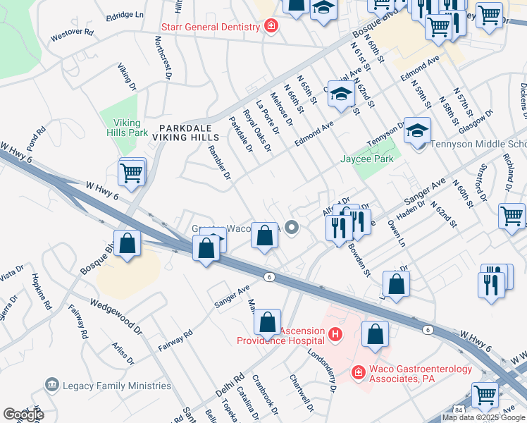 map of restaurants, bars, coffee shops, grocery stores, and more near 1005 Rambler Drive in Waco