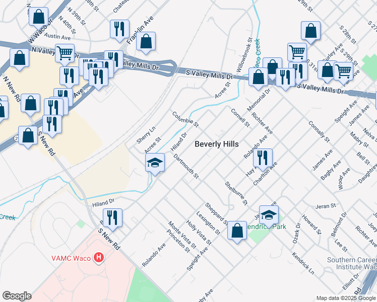 map of restaurants, bars, coffee shops, grocery stores, and more near 4012 Beverly Drive in Waco