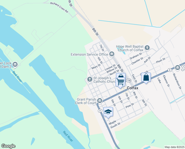 map of restaurants, bars, coffee shops, grocery stores, and more near 401 Louise Street in Colfax