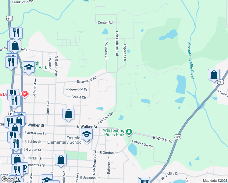 map of restaurants, bars, coffee shops, grocery stores, and more near 1115 Golf Club Road in Douglas