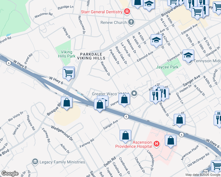 map of restaurants, bars, coffee shops, grocery stores, and more near 1013 Cindy Circle in Waco