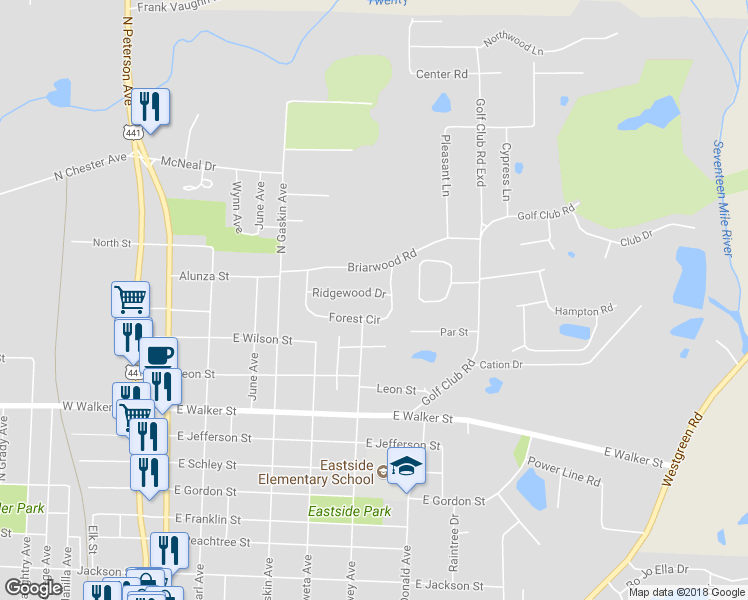 map of restaurants, bars, coffee shops, grocery stores, and more near 626 Ridgewood Drive in Douglas