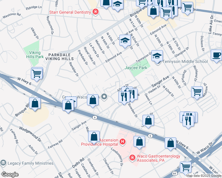 map of restaurants, bars, coffee shops, grocery stores, and more near 6808 Old Briarstown Road in Waco