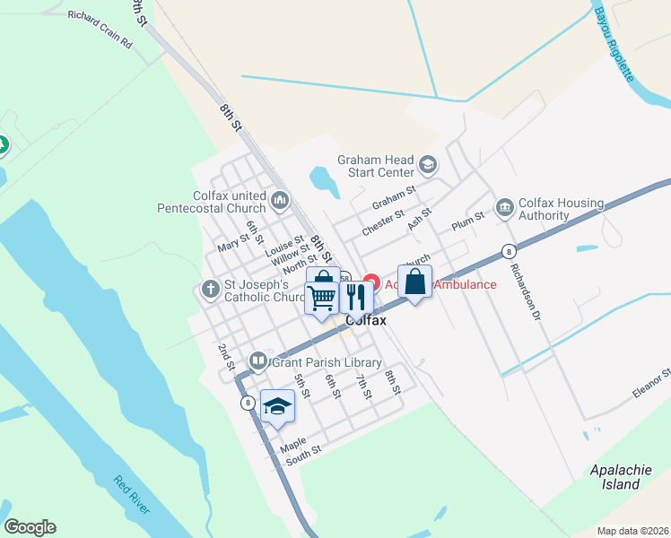 map of restaurants, bars, coffee shops, grocery stores, and more near 8th Street in Colfax