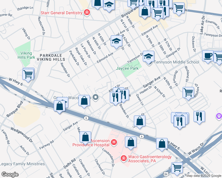 map of restaurants, bars, coffee shops, grocery stores, and more near 6619 Alford Drive in Waco