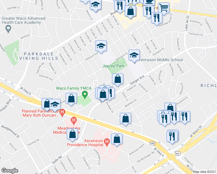 map of restaurants, bars, coffee shops, grocery stores, and more near 6601 Dunn Drive in Waco