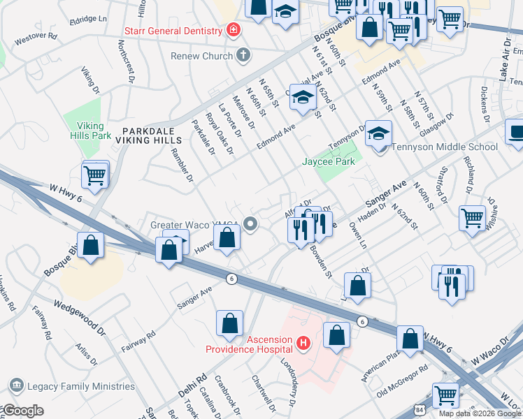 map of restaurants, bars, coffee shops, grocery stores, and more near 6808 Old Briarstown Road in Waco