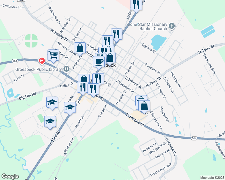 map of restaurants, bars, coffee shops, grocery stores, and more near 209 South Rusk Street in Groesbeck