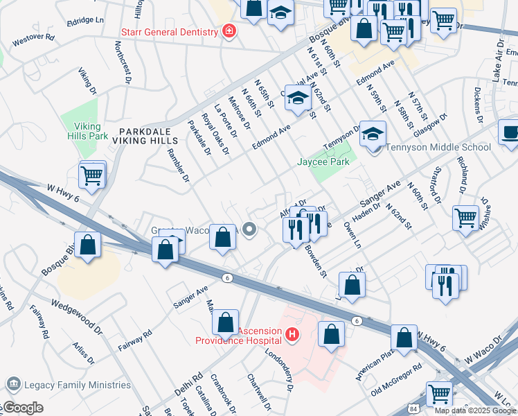 map of restaurants, bars, coffee shops, grocery stores, and more near 6808 Old Briarstown Road in Waco