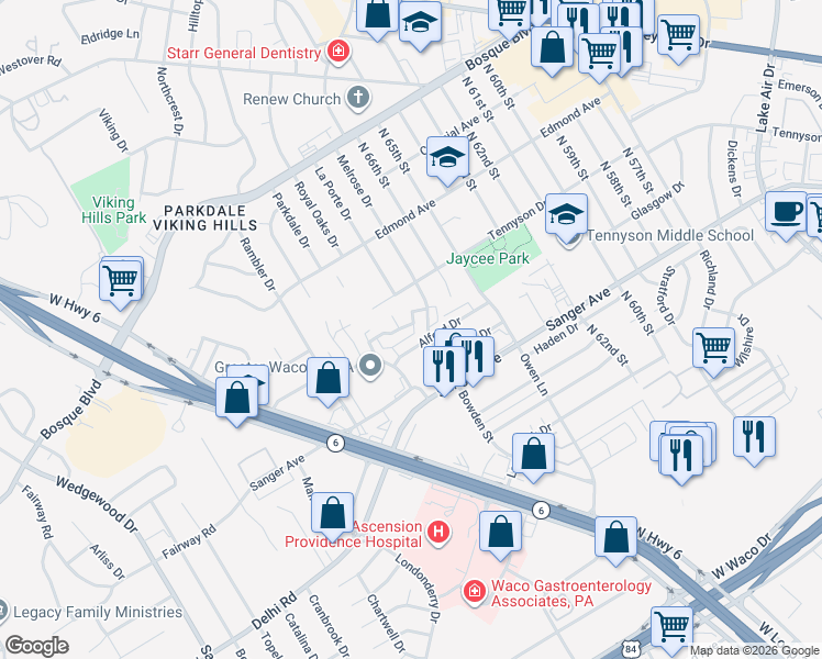 map of restaurants, bars, coffee shops, grocery stores, and more near 6619 Alford Drive in Waco
