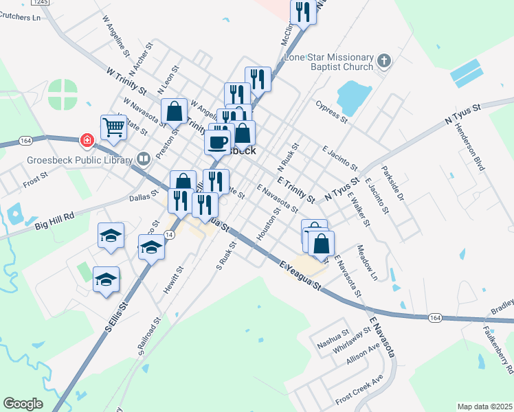 map of restaurants, bars, coffee shops, grocery stores, and more near 209 South Rusk Street in Groesbeck