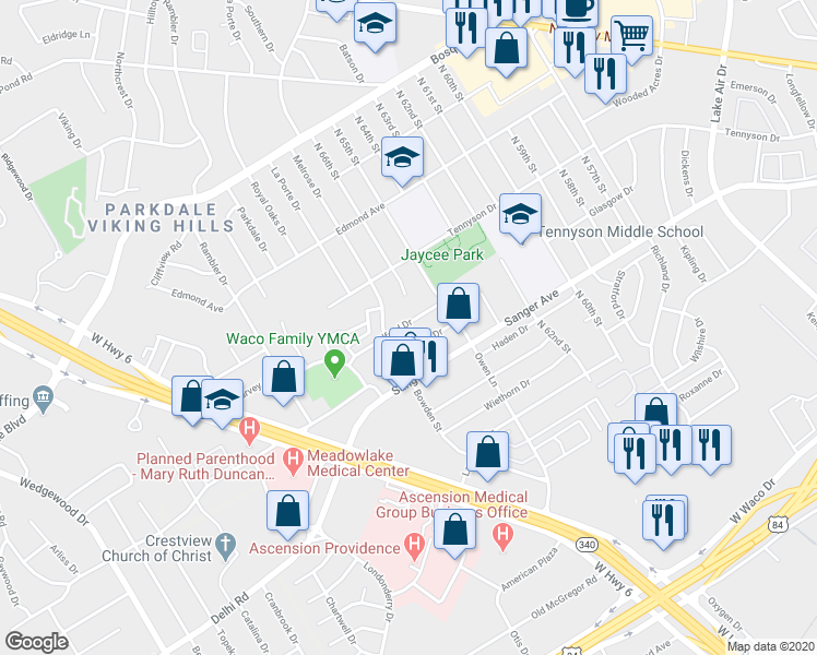 map of restaurants, bars, coffee shops, grocery stores, and more near 6606 Alford Drive in Waco
