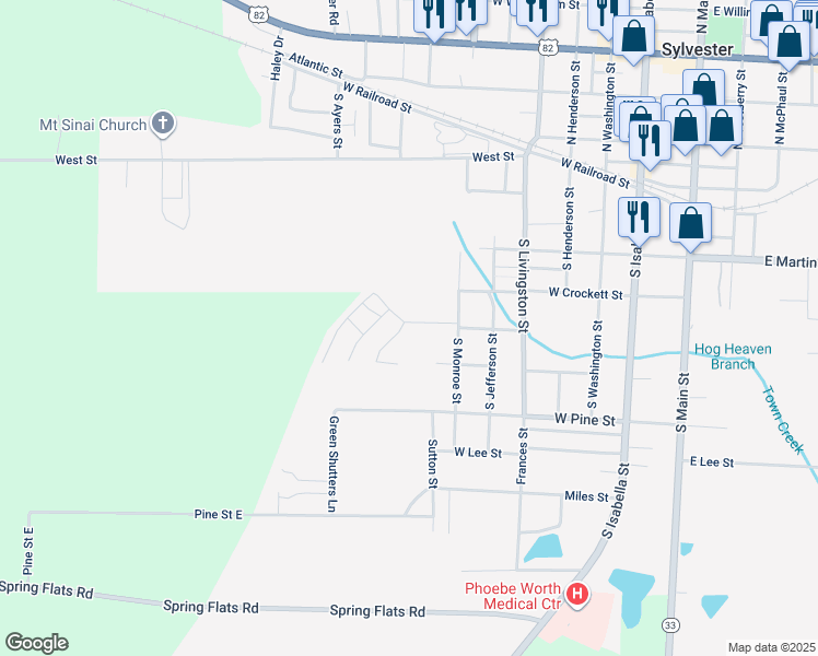 map of restaurants, bars, coffee shops, grocery stores, and more near Covey Street in Sylvester