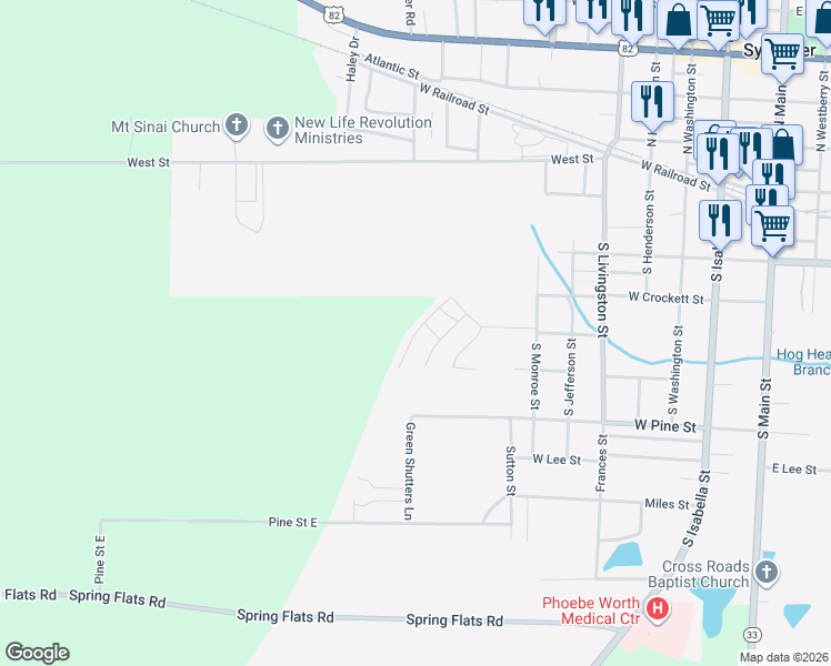 map of restaurants, bars, coffee shops, grocery stores, and more near Moen Drive in Sylvester