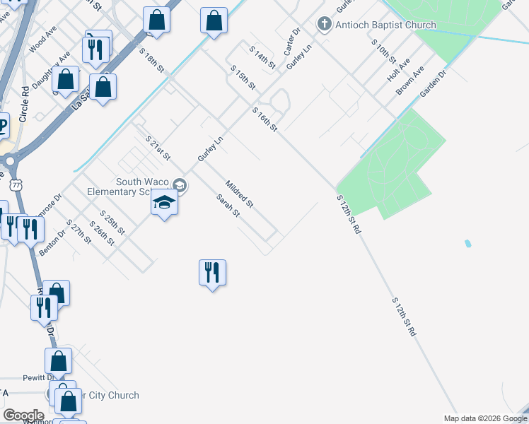 map of restaurants, bars, coffee shops, grocery stores, and more near 3008 Mildred Street in Waco