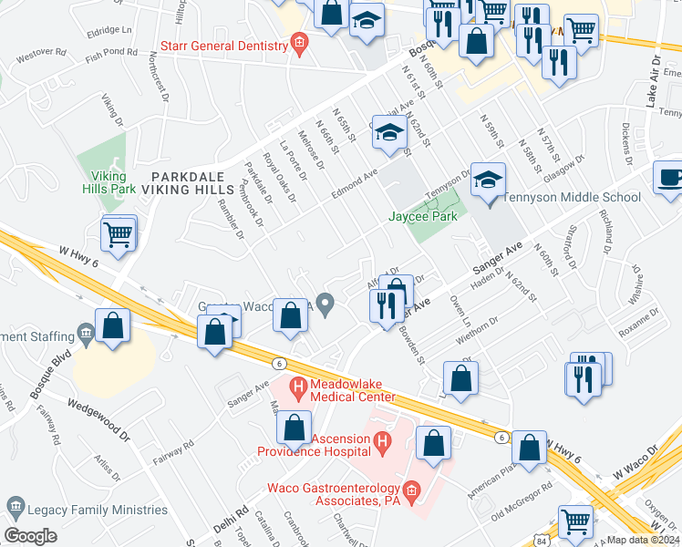 map of restaurants, bars, coffee shops, grocery stores, and more near 6801 Old Briarstown Drive in Waco