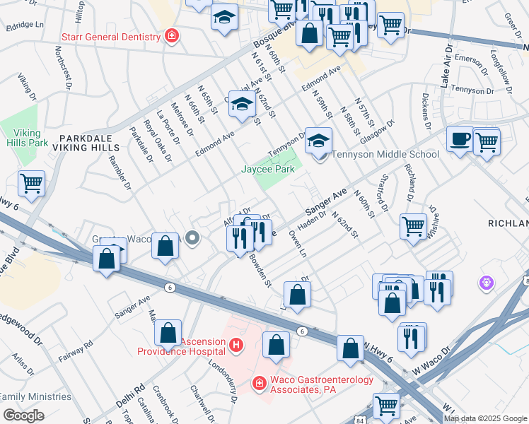 map of restaurants, bars, coffee shops, grocery stores, and more near 6607 Dunn Drive in Waco