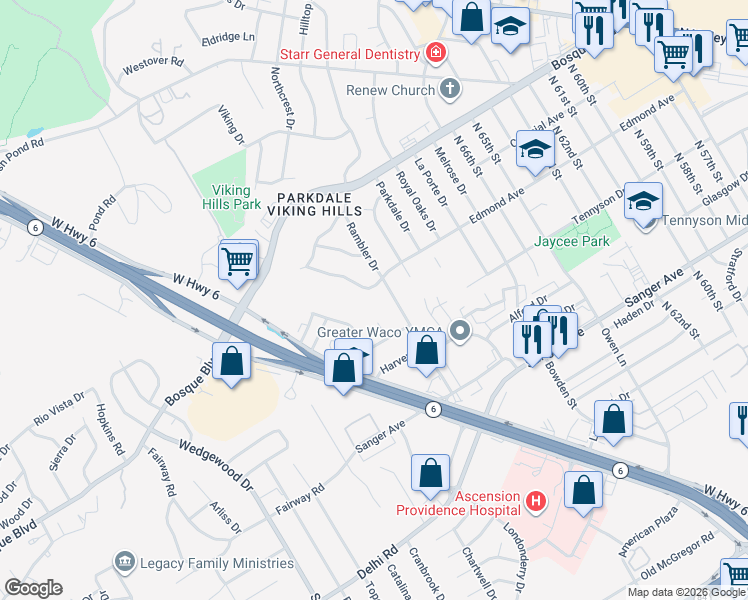 map of restaurants, bars, coffee shops, grocery stores, and more near 1013 Cindy Circle in Waco