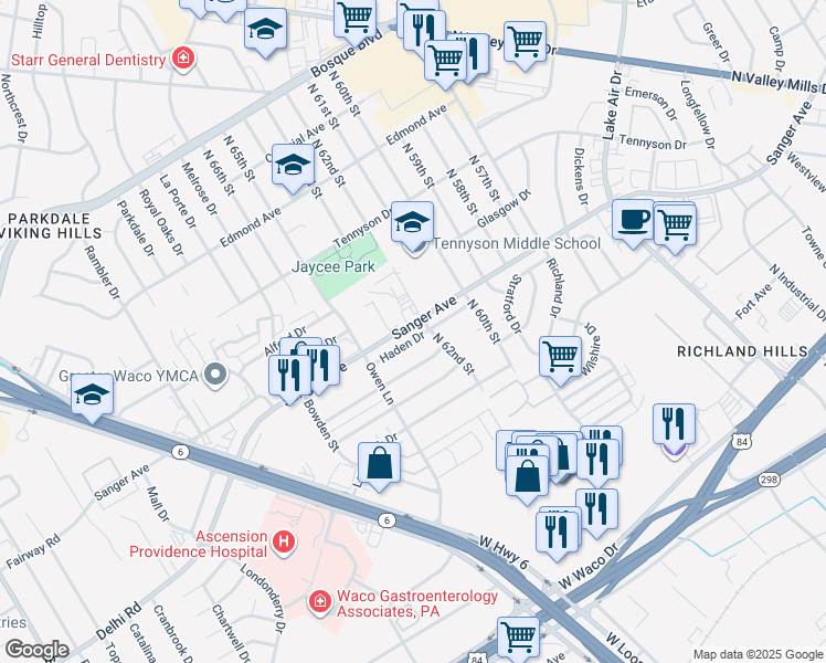 map of restaurants, bars, coffee shops, grocery stores, and more near 6209 Haden Drive in Waco