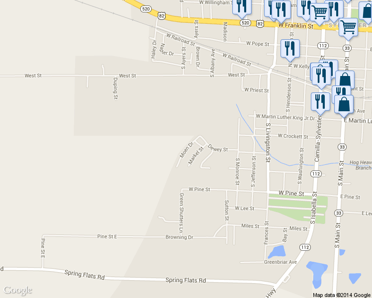 map of restaurants, bars, coffee shops, grocery stores, and more near Moen Drive in Sylvester