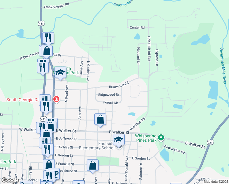 map of restaurants, bars, coffee shops, grocery stores, and more near 626 Ridgewood Drive in Douglas