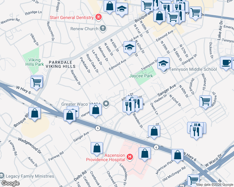 map of restaurants, bars, coffee shops, grocery stores, and more near 6808 Old Briarstown Road in Waco