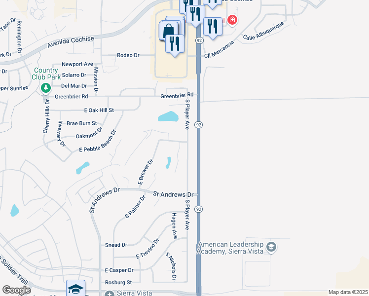 map of restaurants, bars, coffee shops, grocery stores, and more near 2606 South Player Avenue in Sierra Vista