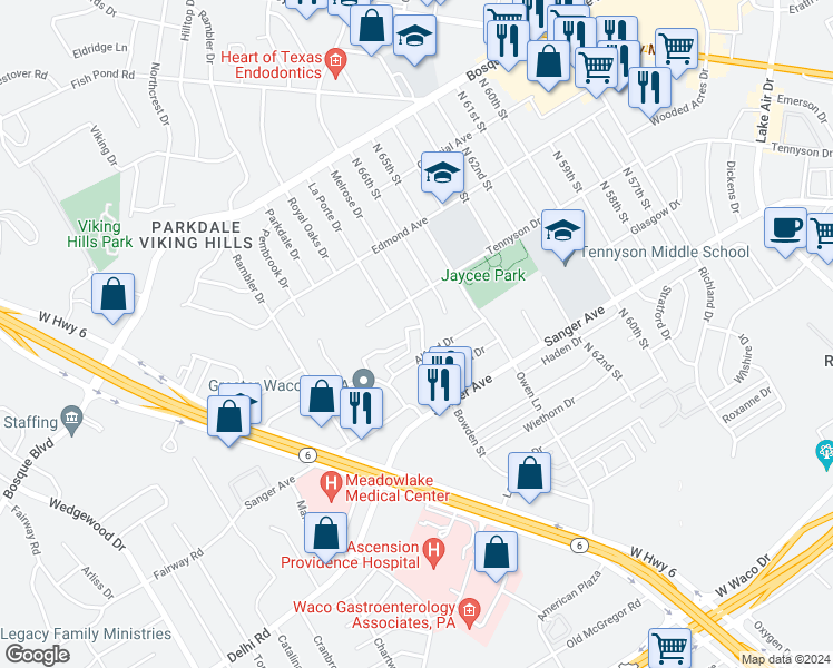 map of restaurants, bars, coffee shops, grocery stores, and more near 814 Melrose Drive in Waco