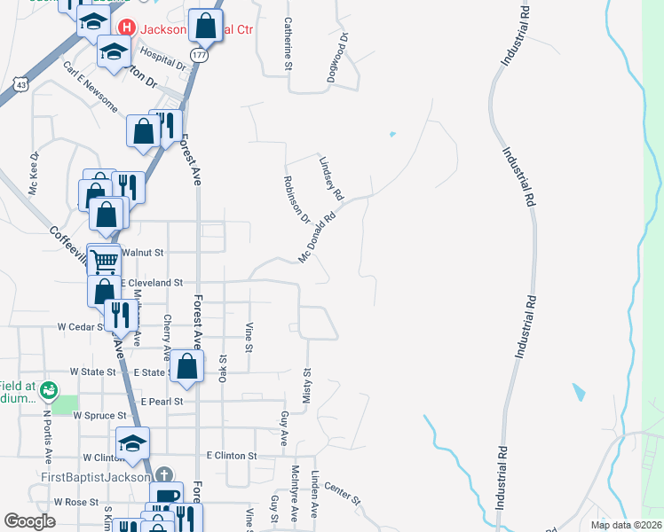 map of restaurants, bars, coffee shops, grocery stores, and more near 205 Mc Donald Road in Jackson