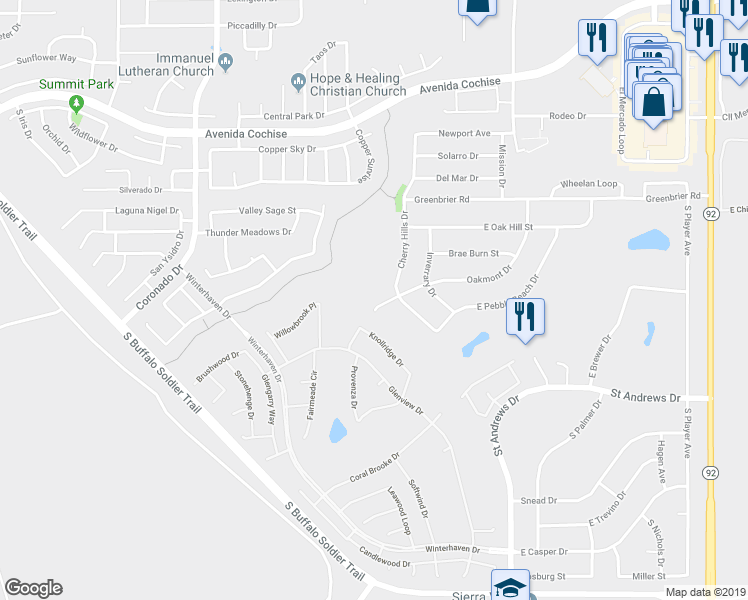 map of restaurants, bars, coffee shops, grocery stores, and more near 2659 Oakmont Drive in Sierra Vista
