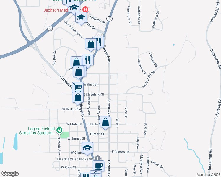 map of restaurants, bars, coffee shops, grocery stores, and more near 201-221 Walnut Street in Jackson