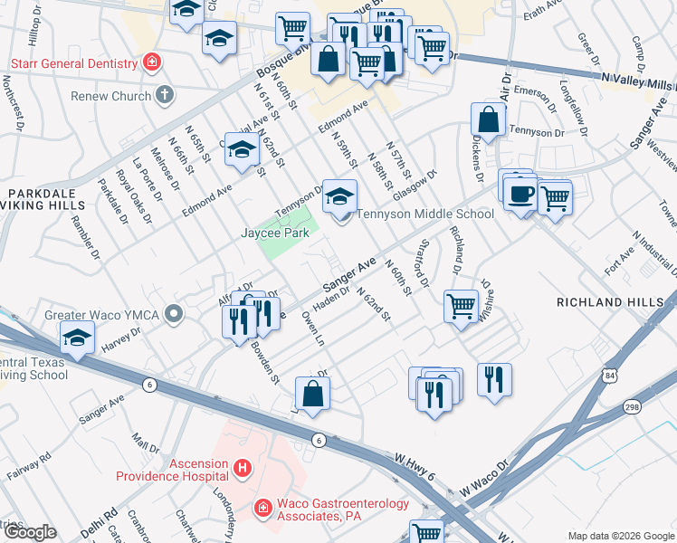 map of restaurants, bars, coffee shops, grocery stores, and more near in Waco