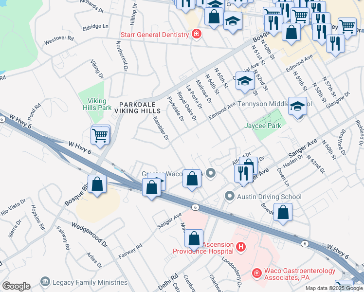 map of restaurants, bars, coffee shops, grocery stores, and more near 6801 Tennyson Drive in Waco