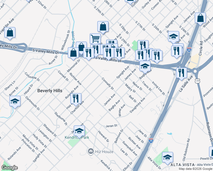 map of restaurants, bars, coffee shops, grocery stores, and more near 3412 Charlton Avenue in Waco