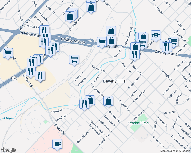 map of restaurants, bars, coffee shops, grocery stores, and more near 3917 Hiland Drive in Waco