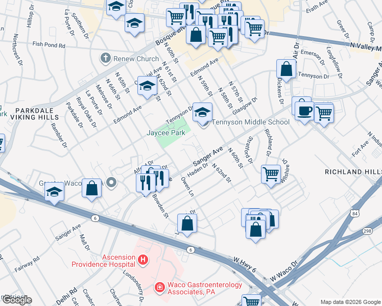 map of restaurants, bars, coffee shops, grocery stores, and more near 715 North 64th Street in Waco
