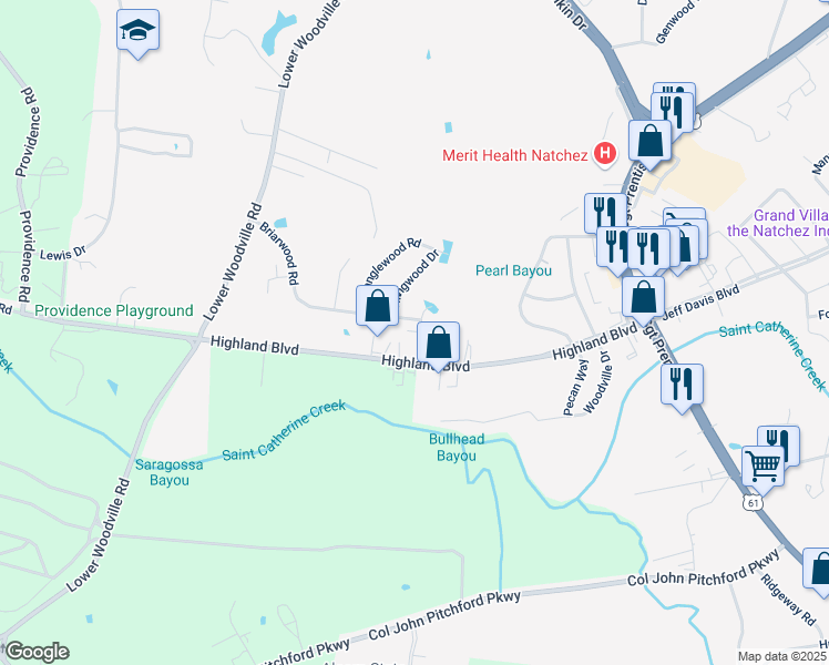 map of restaurants, bars, coffee shops, grocery stores, and more near 310 Briarwood Road in Natchez