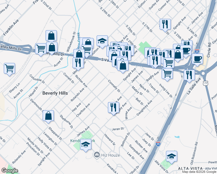 map of restaurants, bars, coffee shops, grocery stores, and more near 3412 Charlton Avenue in Waco