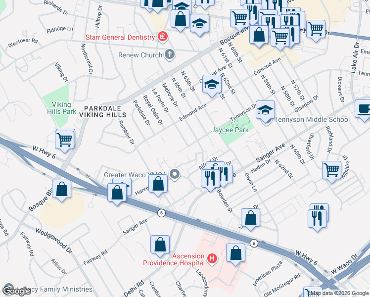 map of restaurants, bars, coffee shops, grocery stores, and more near 900 La Porte Drive in Waco