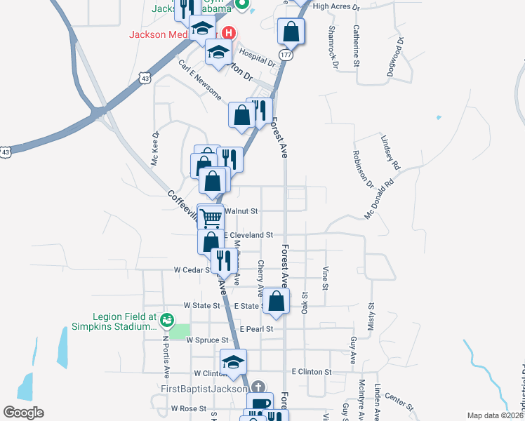 map of restaurants, bars, coffee shops, grocery stores, and more near 201 Walnut Street in Jackson