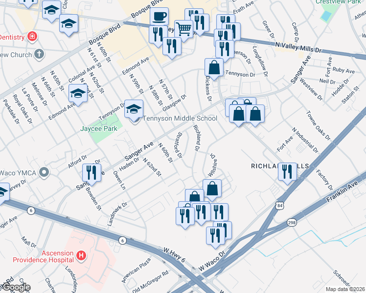 map of restaurants, bars, coffee shops, grocery stores, and more near 521 Tipton Drive in Waco