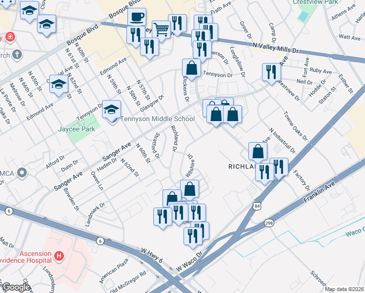 map of restaurants, bars, coffee shops, grocery stores, and more near 5607 Hawthorne Drive in Waco