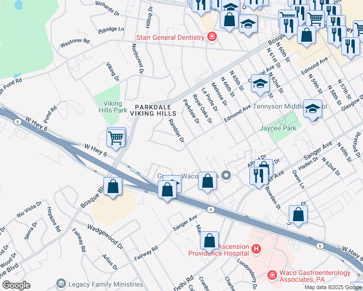 map of restaurants, bars, coffee shops, grocery stores, and more near 1100 Rambler Drive in Waco
