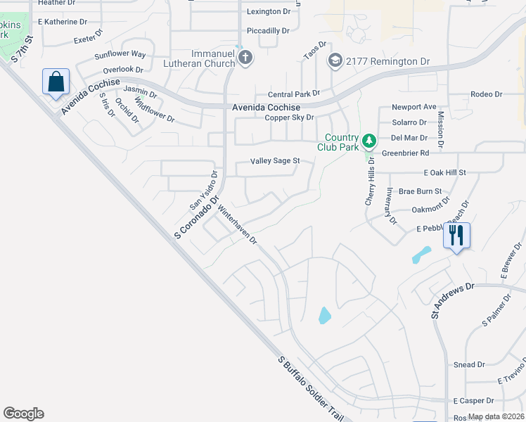 map of restaurants, bars, coffee shops, grocery stores, and more near 2115 Prairie Grass Drive in Sierra Vista