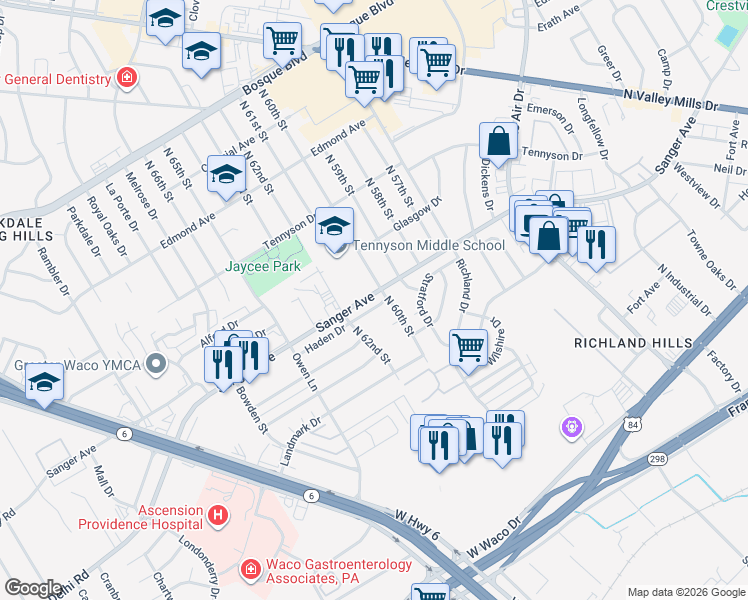 map of restaurants, bars, coffee shops, grocery stores, and more near 6001 Haden Drive in Waco