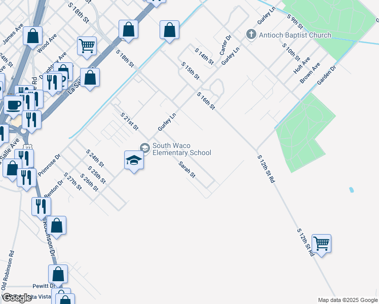 map of restaurants, bars, coffee shops, grocery stores, and more near 2812 Mildred Street in Waco